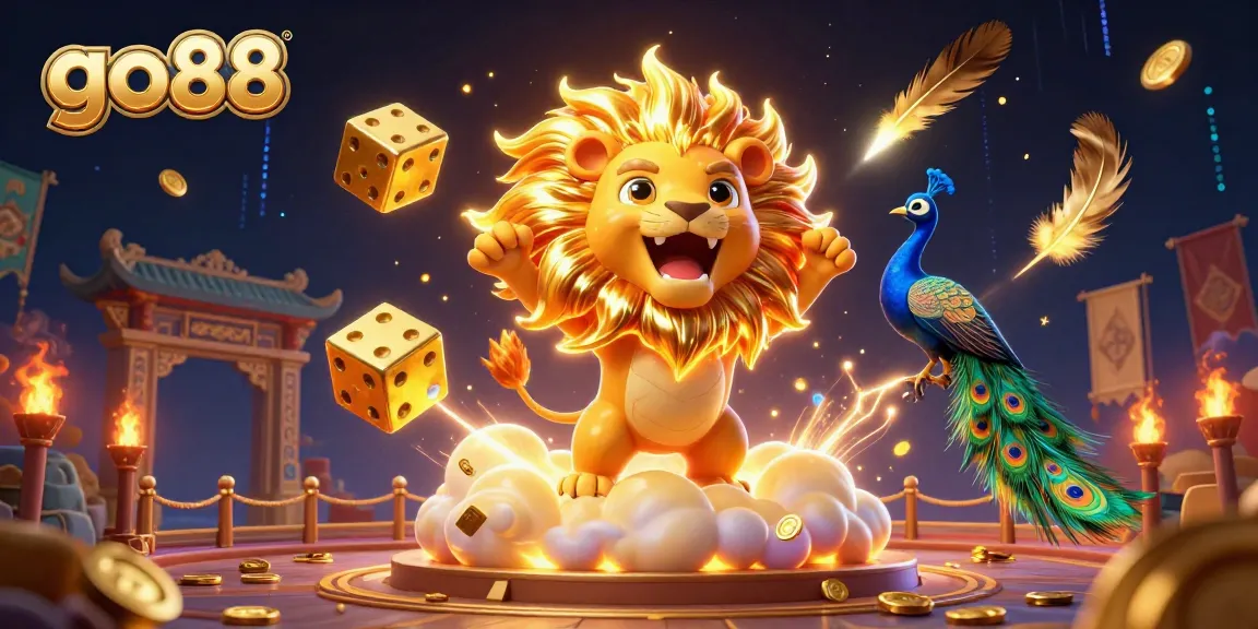 Engage with go88's thrilling casino adventure featuring a roaring sun lion and dynamic golden dice.