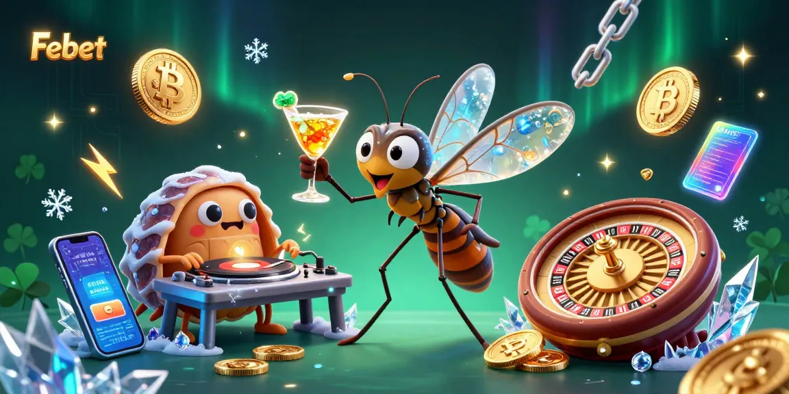Febet offers engaging gameplay with a cartoon mosquito mascot and a trilobite DJ in a vibrant gaming scene.