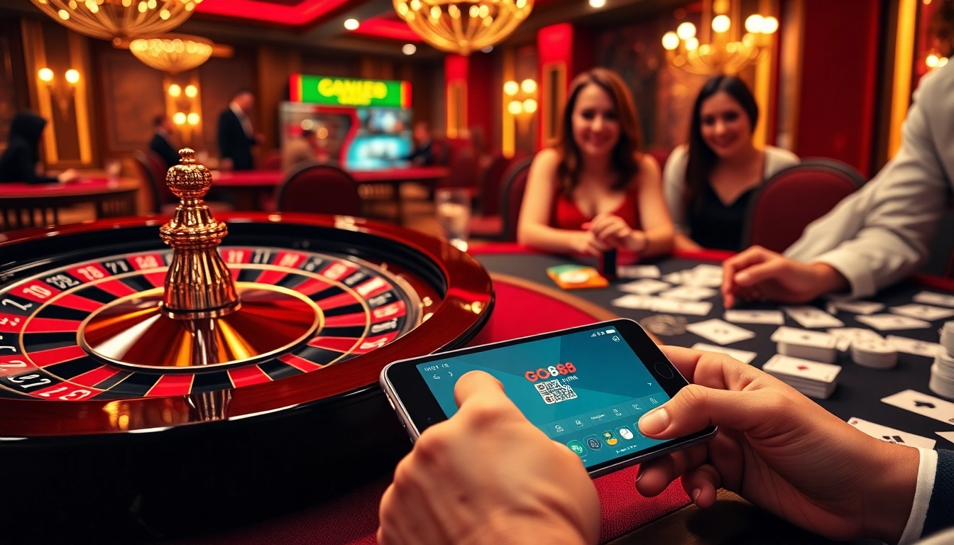 Players enjoying a thrilling game at Go88's vibrant online casino interface with roulette and poker elements.