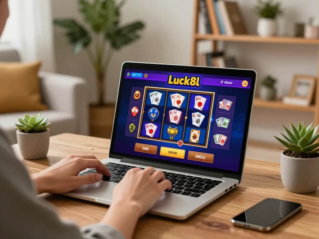 Person playing luck8l online casino game on laptop in a cozy home setting.