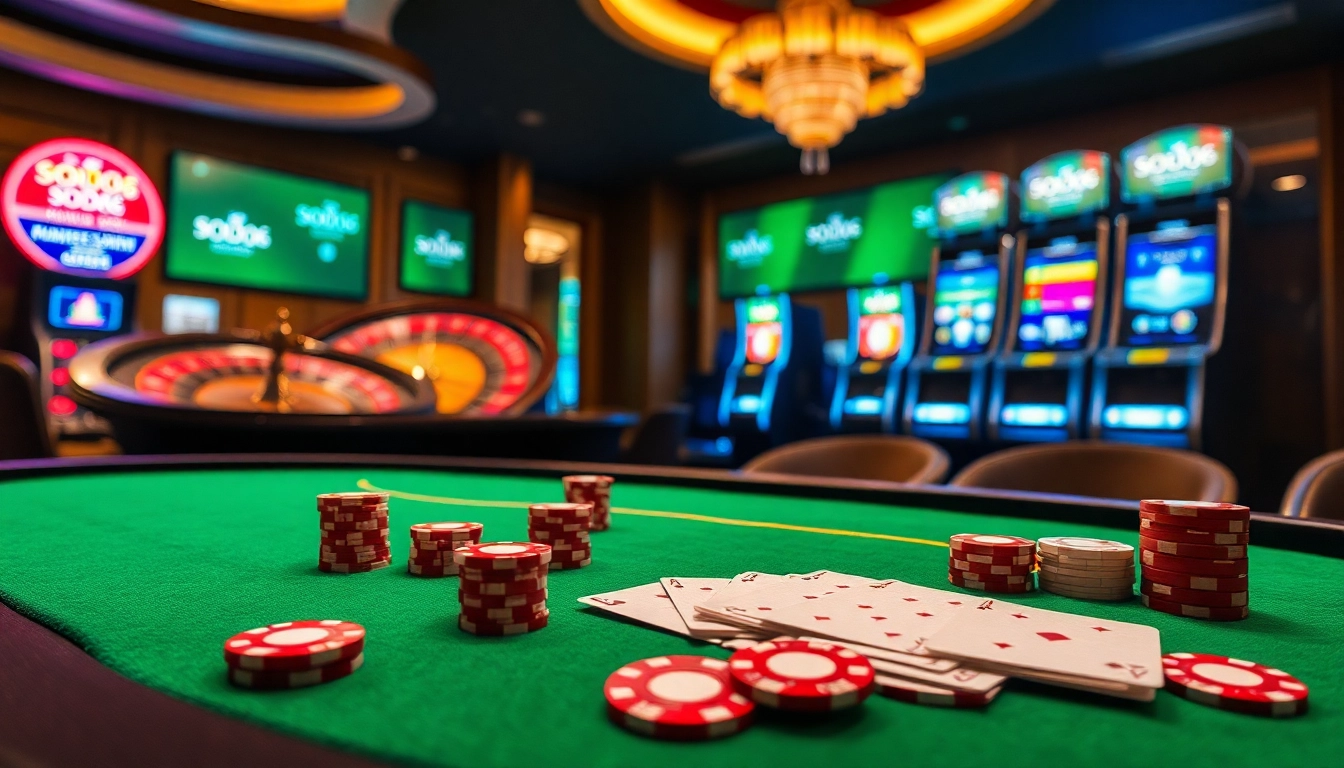 Experience high-stakes thrills with SODO66 at a luxurious casino table, showcasing poker chips and cards.