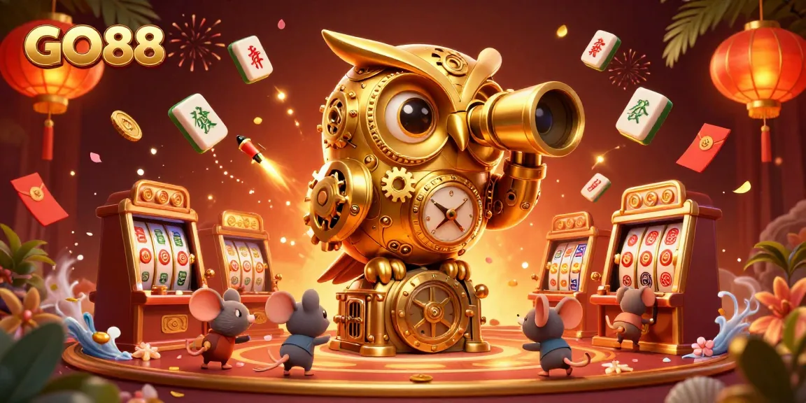 Experience the thrill of GO88 with a vibrant casino scene featuring a golden owl, slot machines, and festive elements.