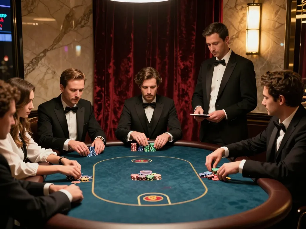 Experience five888 in a high-stakes casino VIP poker room with elegant decor and focused players.
