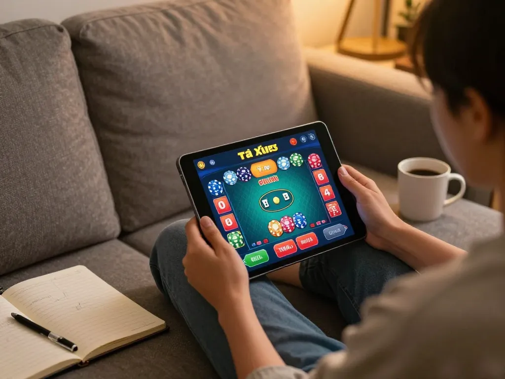 Tài xỉu online gameplay displayed on tablet in a cozy home setting with warm lighting and strategic notes