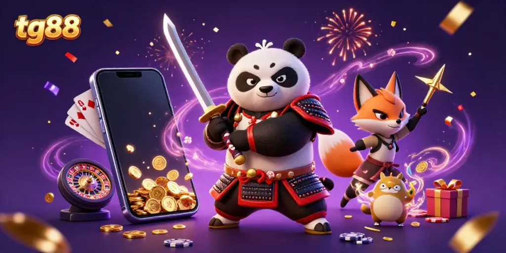 Engage with tg88's dynamic casino action featuring a samurai panda and ninja fox.