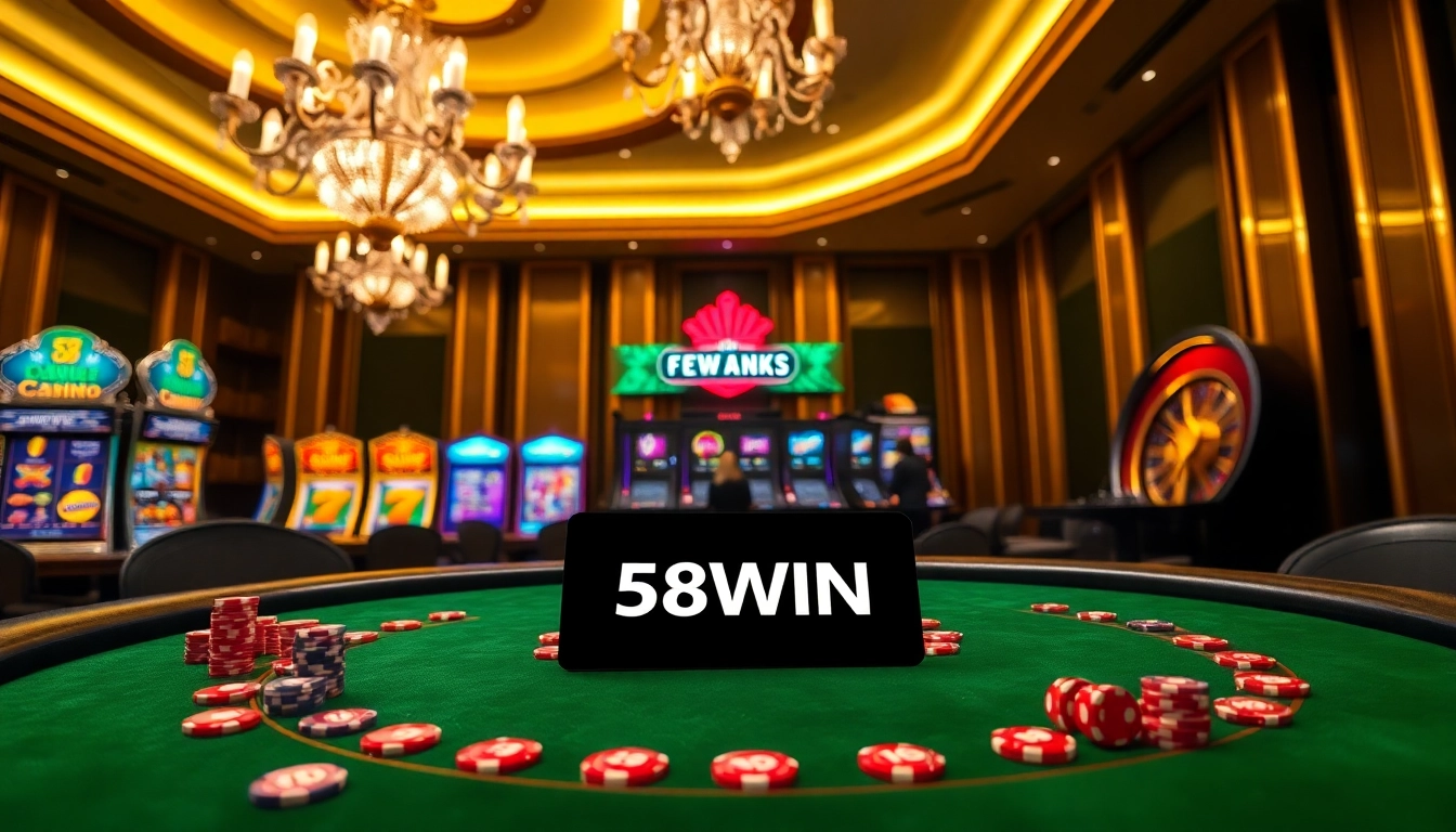 A vibrant scene showcasing 58WIN's luxurious casino experience with poker tables, slot machines, and gambling elements.