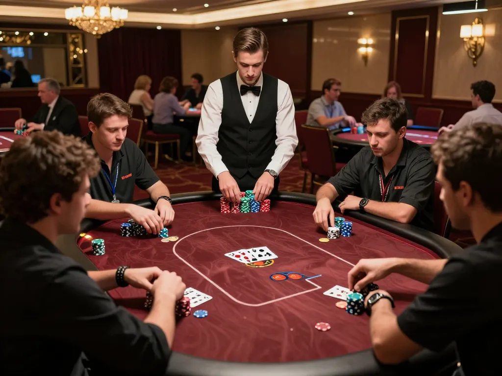 Bom88 poker players engaging in high-stakes game at a luxurious casino table