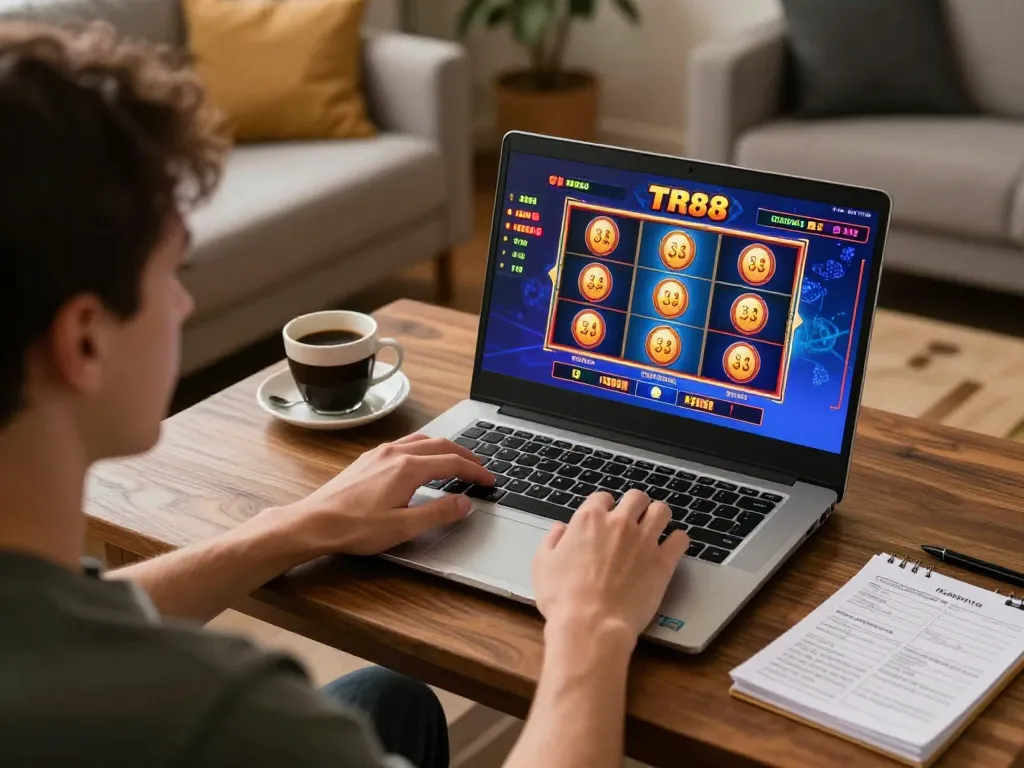 Player engaging with TR88 casino gaming on laptop, showcasing excitement and strategy.