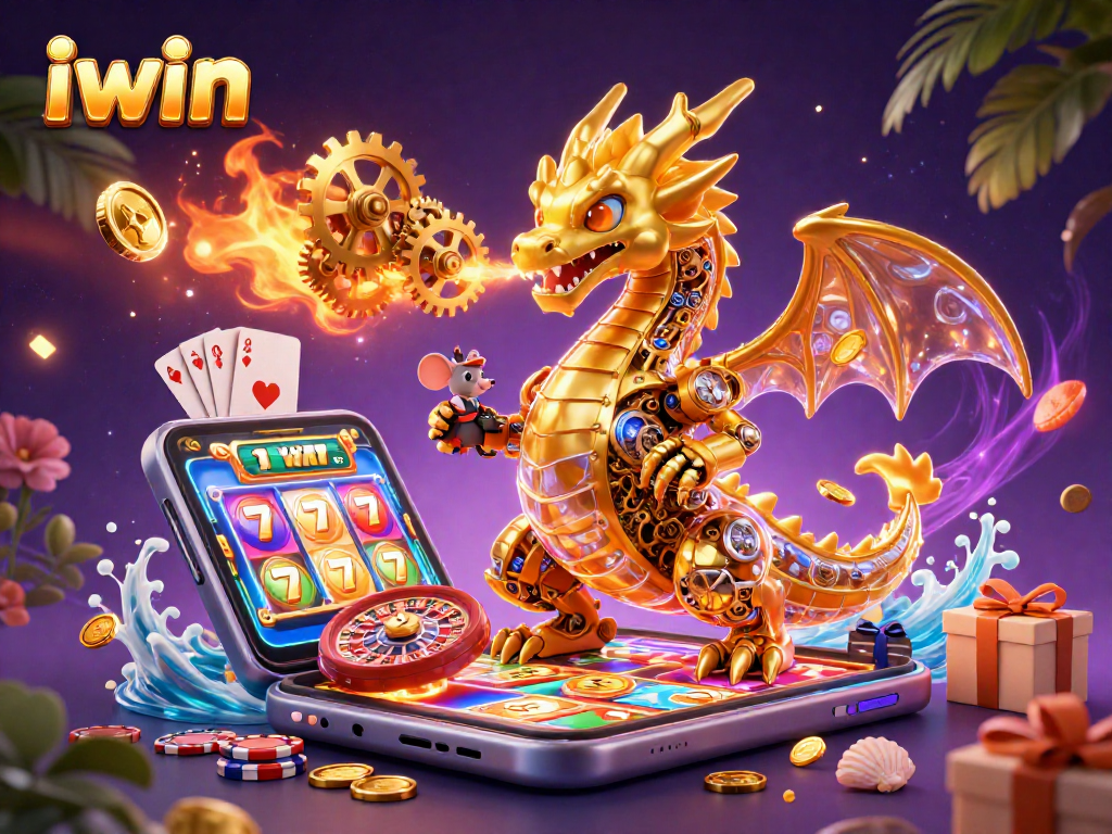 iwin's vibrant 3D casino scene with golden dragon, slot games, and colorful game elements.