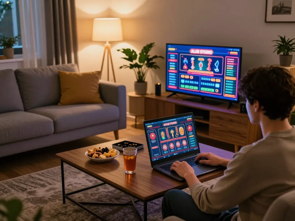 Engaging online gaming session at ALO8 STUDIO with vibrant screen showing casino games