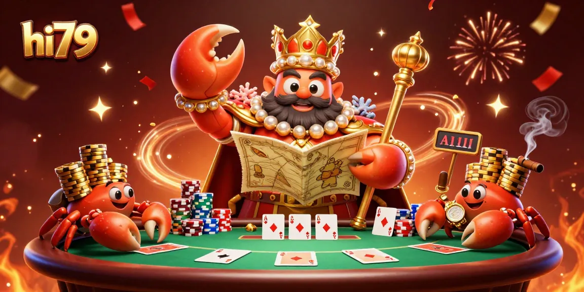 Experience hi79's vibrant casino scene with a golden crab emperor amidst vibrant poker elements.