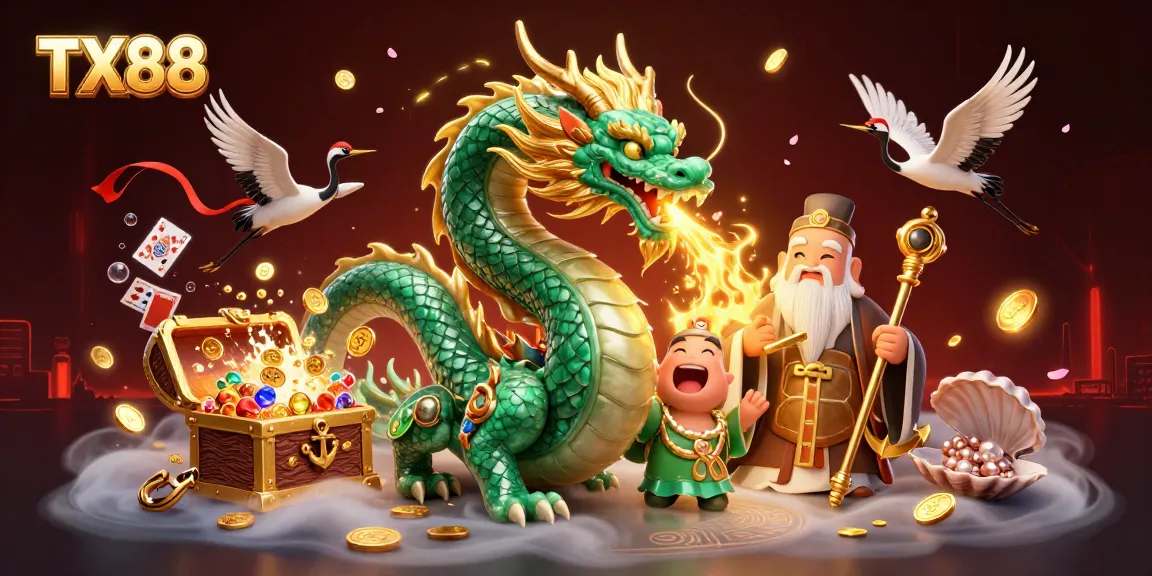 Play at TX88, where the emerald dragon and sage await your winning adventure in a vibrant casino scene.