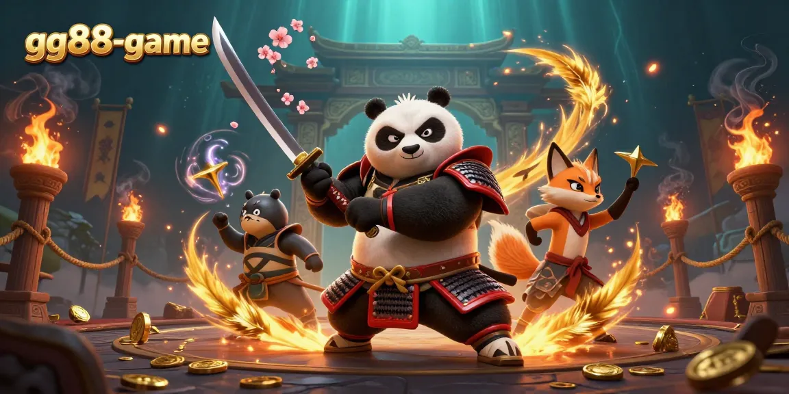 Experience thrilling action at gg88-game with a samurai panda, ninja fox, and magical spirit in a vibrant casino scene.