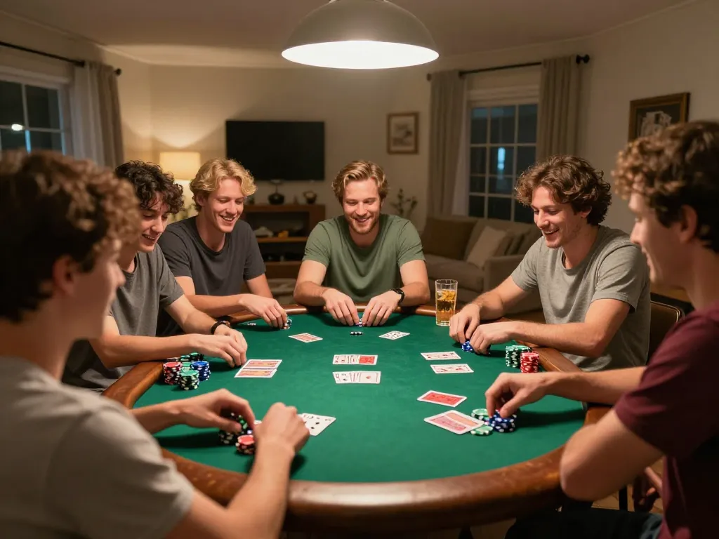 Players enjoying a social home poker night with friends around the table at qh88go.