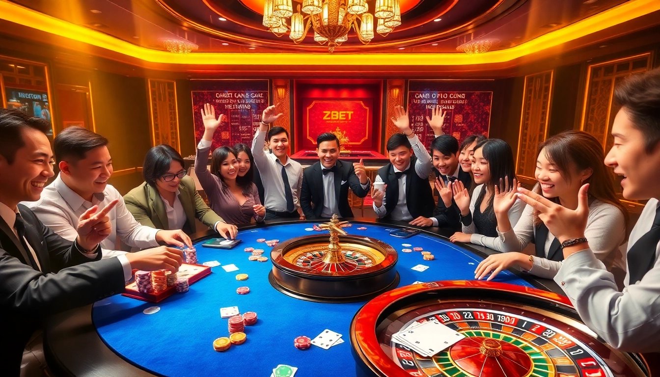 Players enjoying ZBET at a vibrant casino table with poker chips and colorful cards.