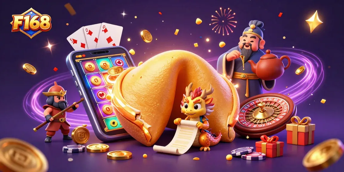 Win big with F168's vibrant casino scene featuring fortune cards and gold coins!