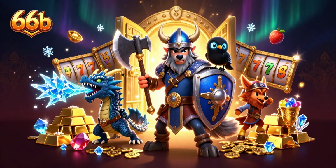Engage with 66b's thrilling slots scene featuring a Viking wolf warrior, dragon, and treasure.