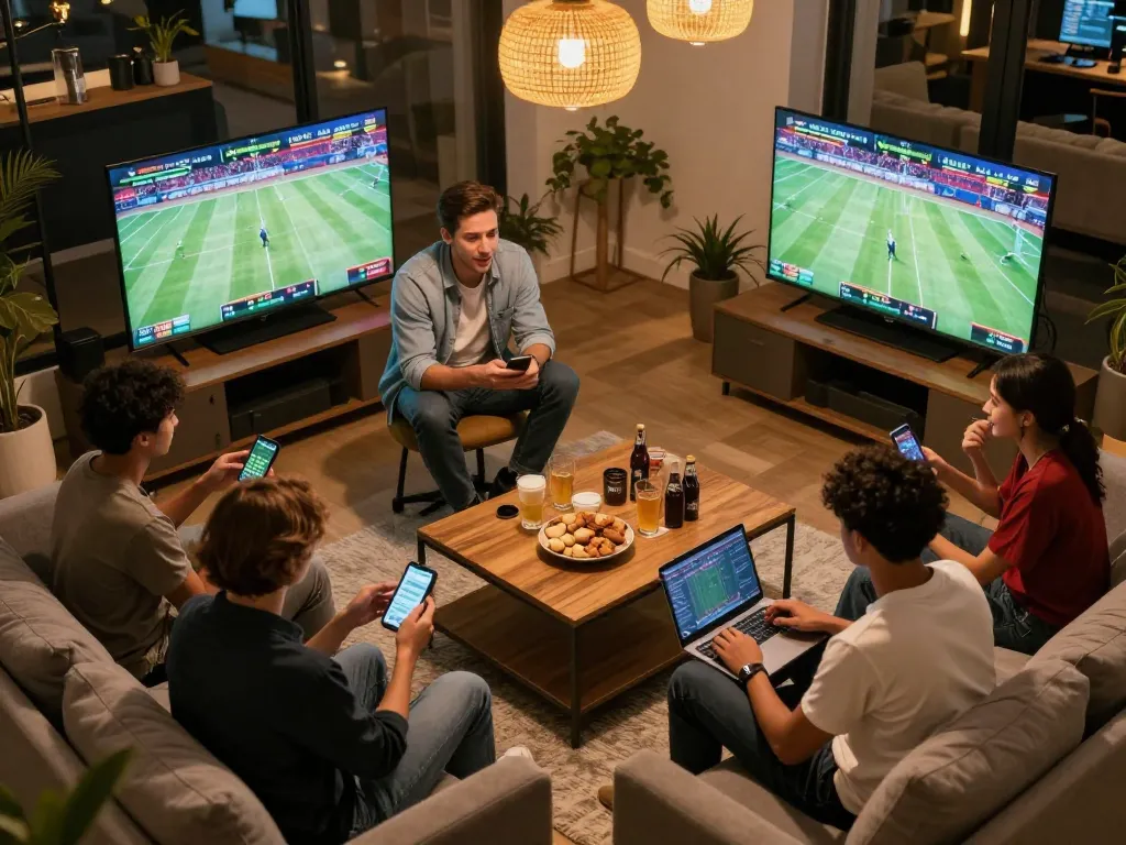 Friends discussing sports betting strategies while using llwin app on smartphones and laptops in a lively living room.
