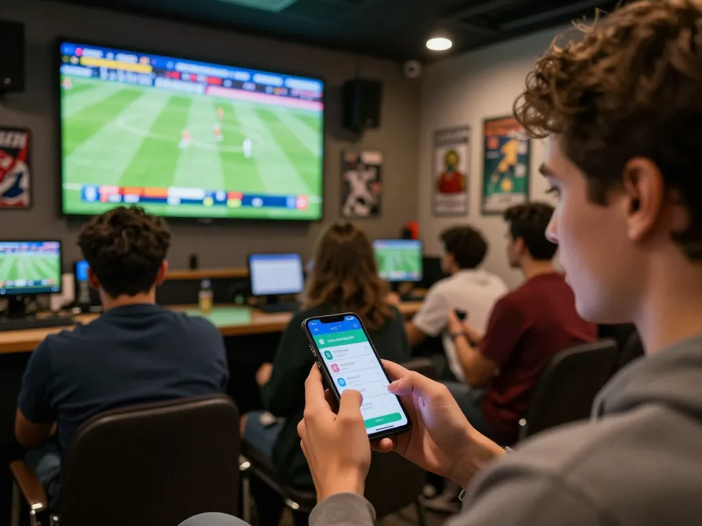 A bettor engaging with tylekeonhacai88 app while watching live sports, showcasing immersive betting atmosphere.