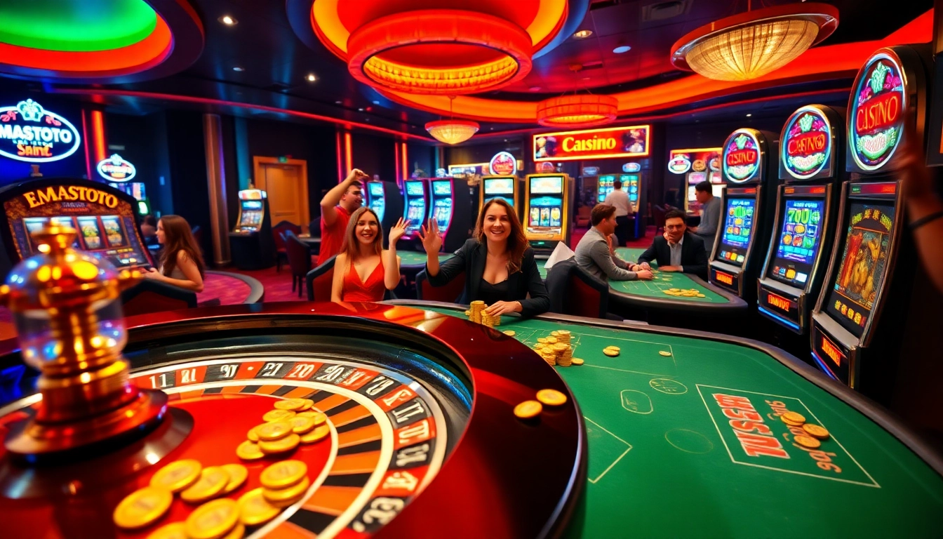 Emastoto gamblers enjoy an exciting roulette game with vibrant casino elements.