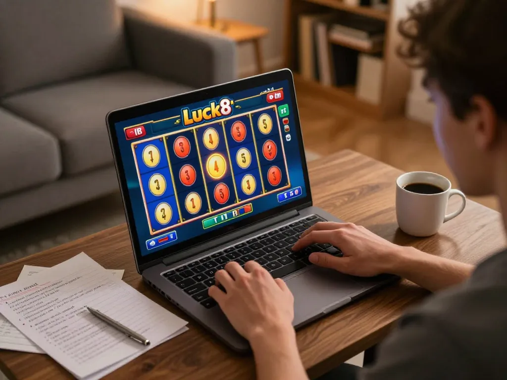 Engaging gameplay action on Luck8 slot games with a player focused at home.