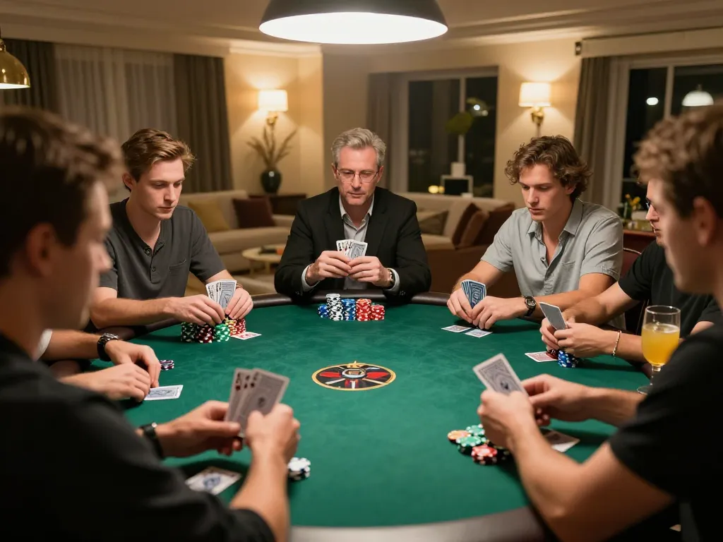sin888 players engaging in a lively poker game at home, capturing excitement and strategy.