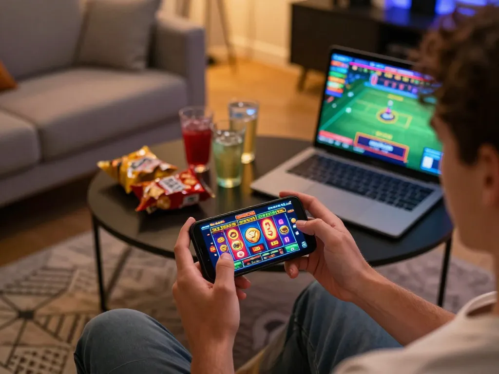 Engaging player enjoying ee88 casino app on smartphone in cozy living room.