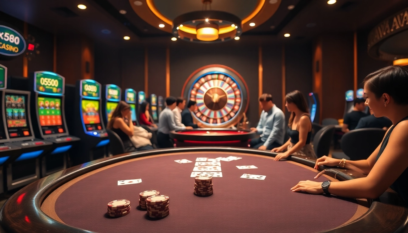 Experience an exciting poker game at xx88 amidst vibrant slot machines and a spinning roulette wheel.