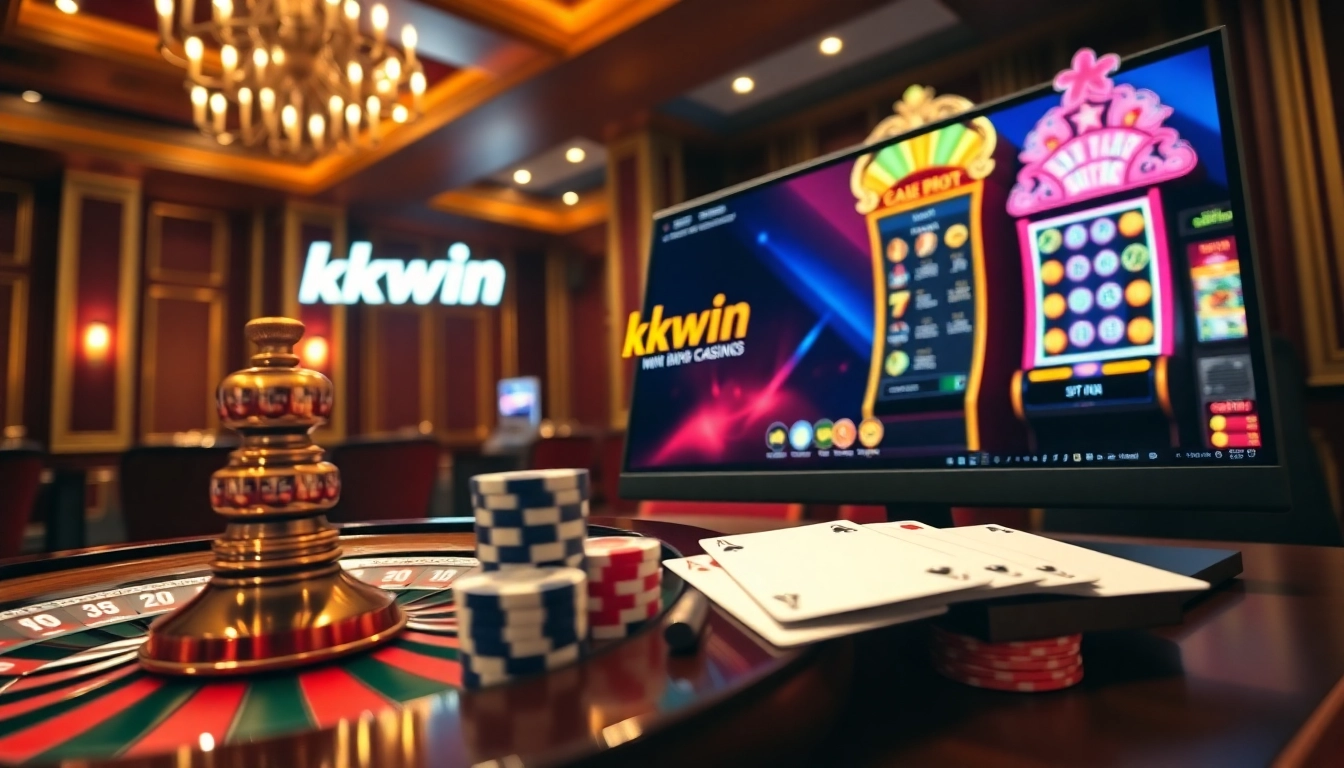 Experience the thrilling kkwin online gaming world with a luxurious casino scene featuring slot machines and roulette.