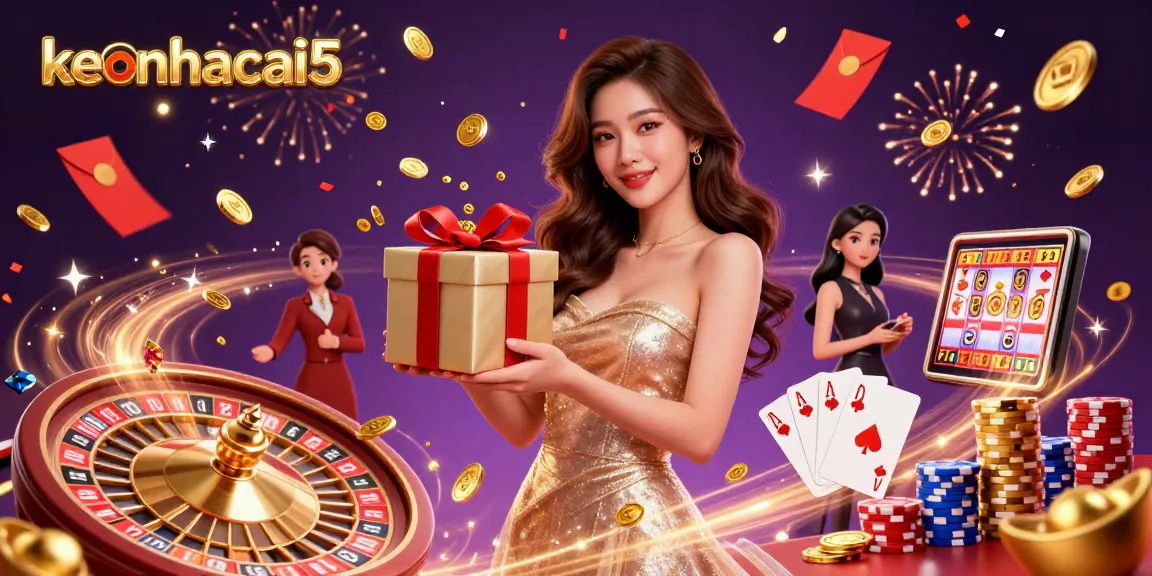 Engage with keonhacai5 in this vibrant Lunar New Year casino scene featuring stunning visuals and dynamic game elements.