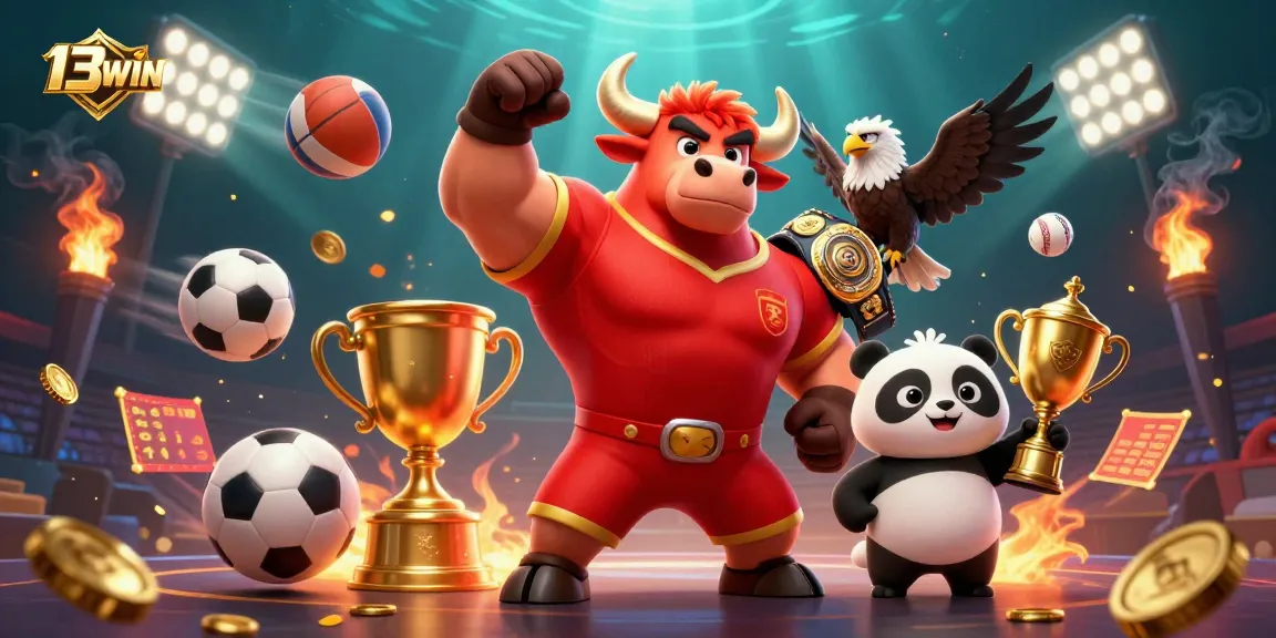Experience exciting wins with 13WIN as the bull mascot celebrates a championship victory in a vibrant casino scene.