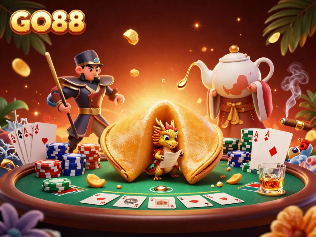 Engage with GO88's thrilling gaming experience through this vibrant illustration featuring dynamic characters and poker elements.