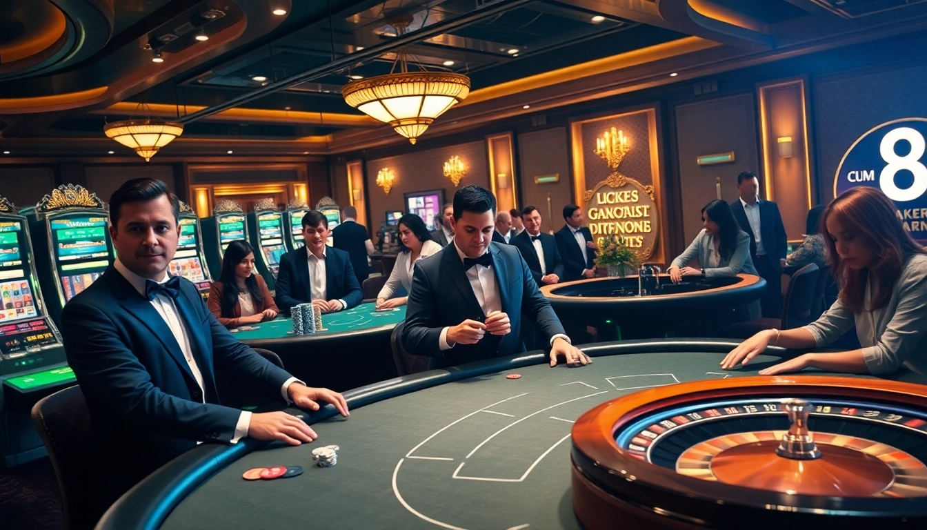 LUCK8 players enjoying an exciting game at a luxurious casino table with poker chips.