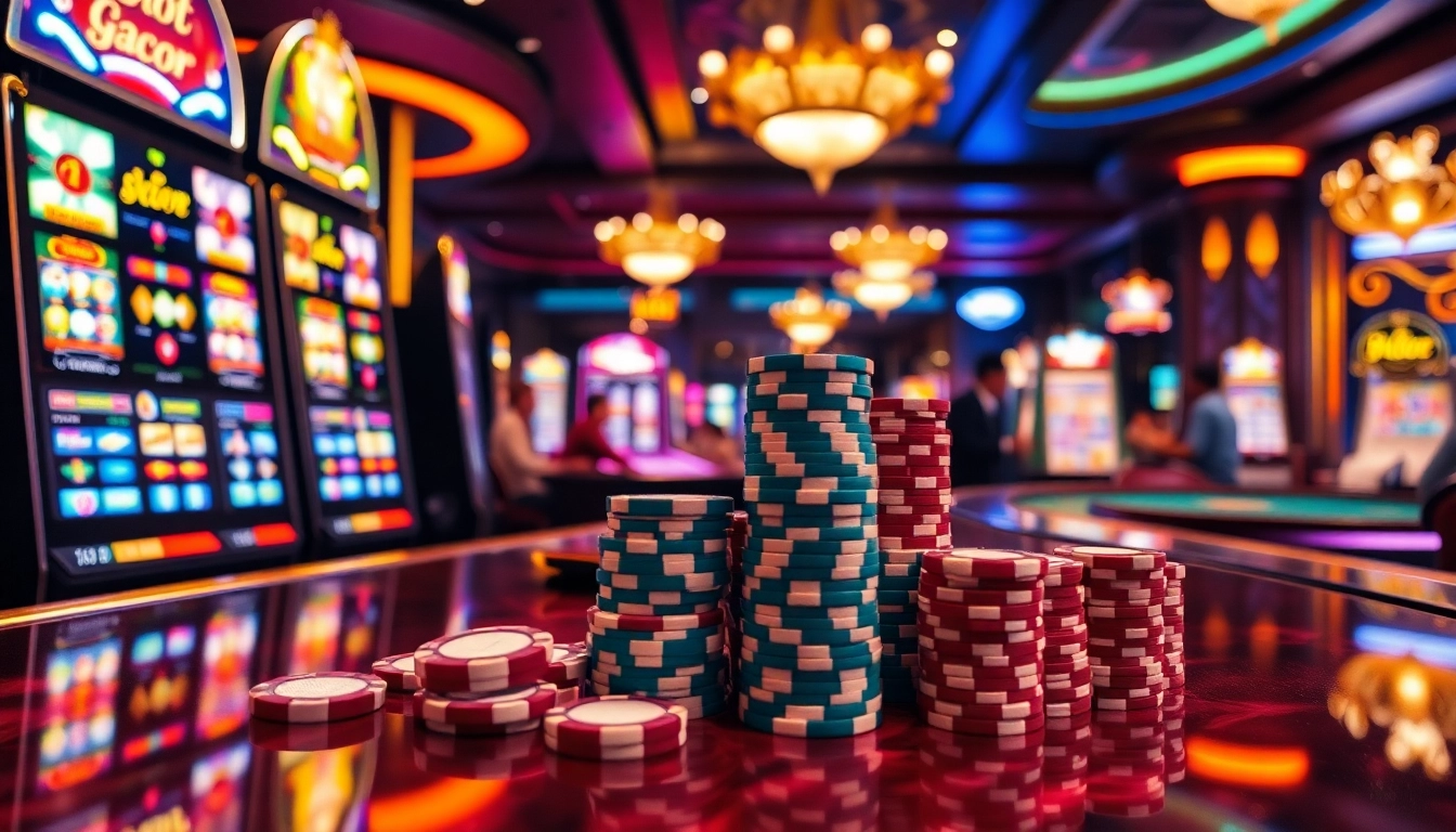 Players engaging with slot gacor machines in a vibrant and luxurious casino environment.