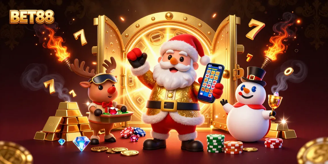 Spin and win with BET88 in a dynamic casino scene featuring festive characters and jackpot elements.