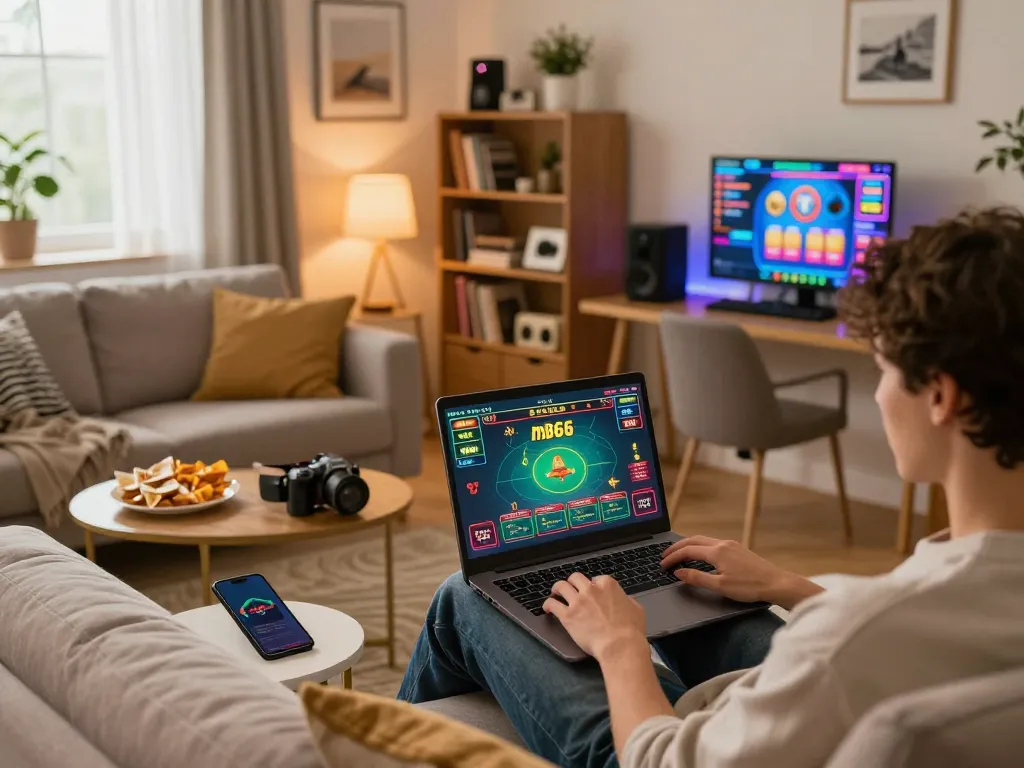 Engaging in casino mb66 gaming on a laptop in a cozy living room setting.