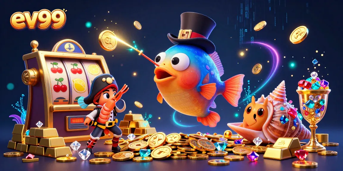 Spin slots and win with ev99 in this vibrant underwater casino scene featuring treasures.