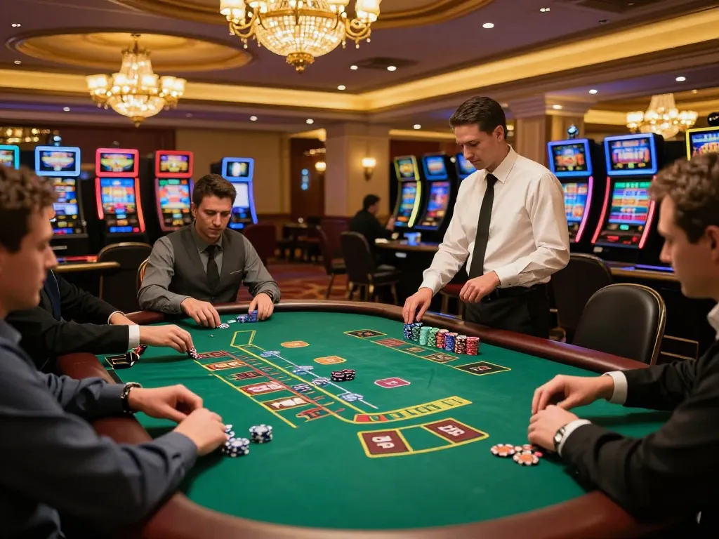 Players engaging in strategic blackjack gameplay at sunwin casino with dealer managing bets and vibrant atmosphere