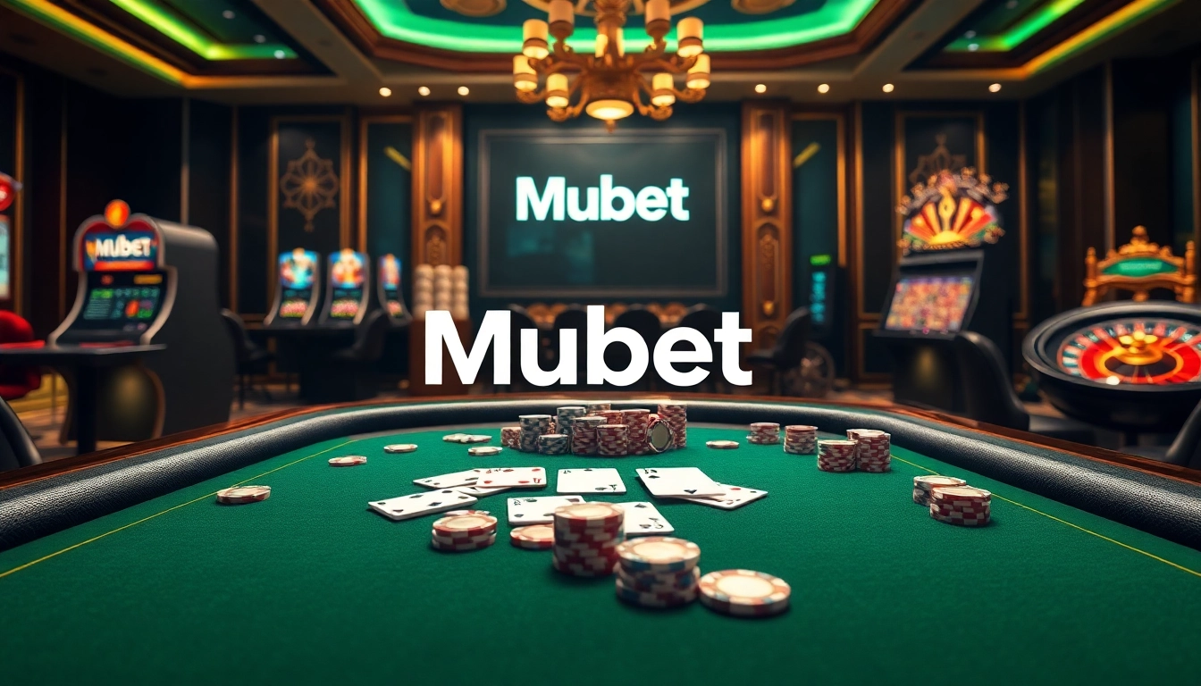 Mubet offers a thrilling online poker game with professional cards and chips in a luxurious casino setting.