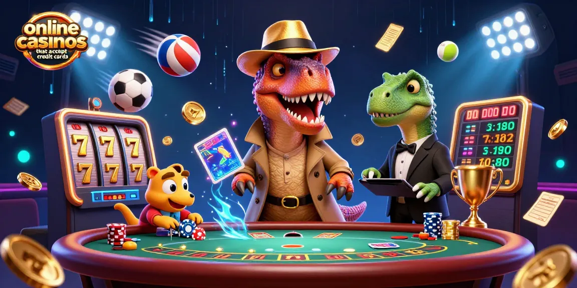 Experience the thrill of online casinos that accept credit cards with a cartoon velociraptor counting cards at a blackjack table.