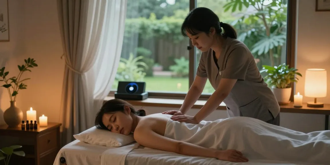 Relaxing 동작구출장마사지 in serene home environment with essential oils and soft lighting.