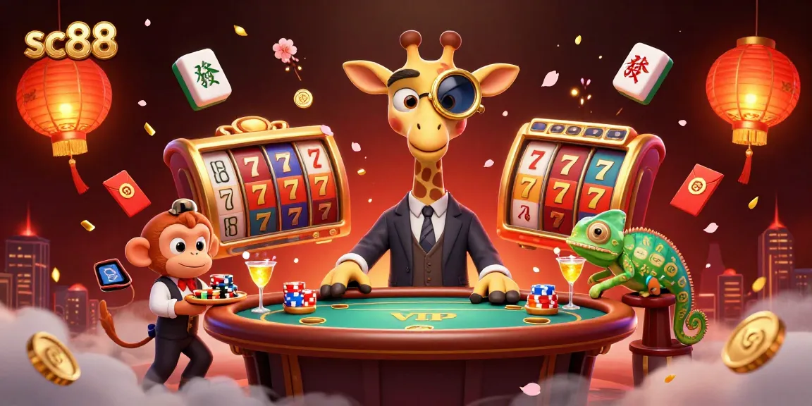 Win big at sc88 with a high-roller giraffe at a lively VIP poker table surrounded by vibrant slot game elements.