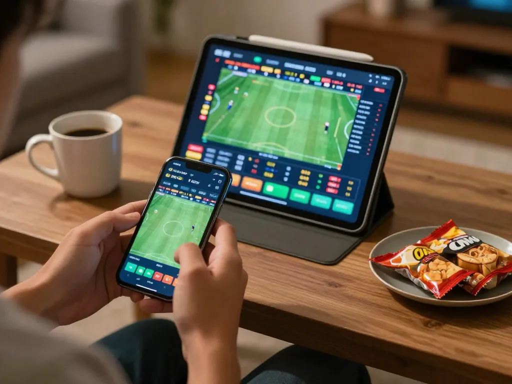 Engaging in online sports betting with SC88 app on smartphone, vibrant home atmosphere.