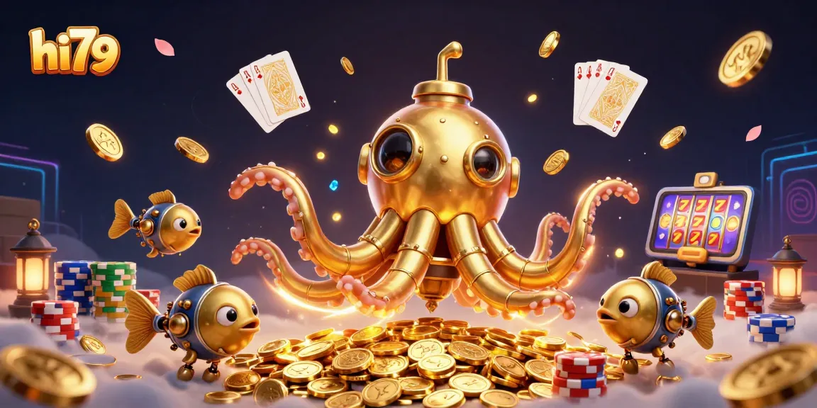 Engage in thrilling gameplay at hi79 with the golden kraken submarine among coins, cards, and slots!