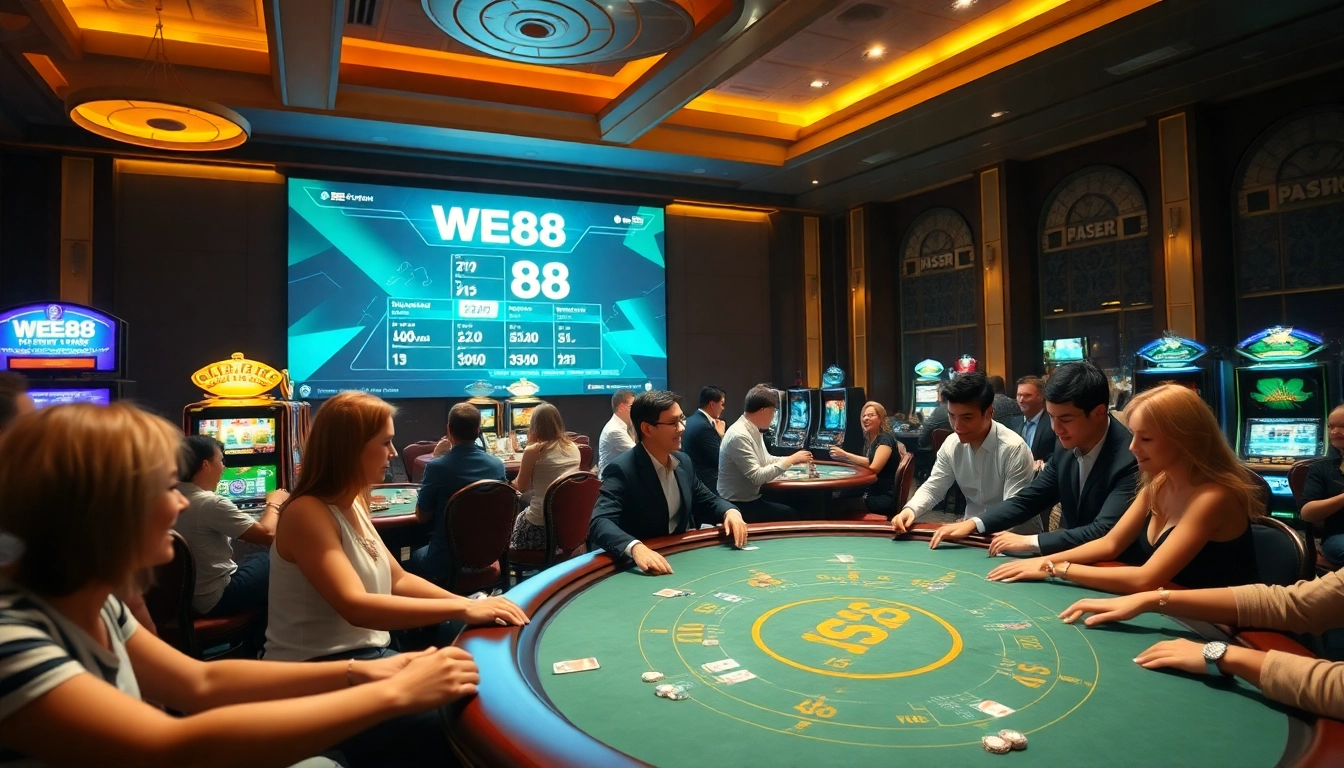 WE88 players placing bets at a luxurious casino table filled with vibrant slot machines.