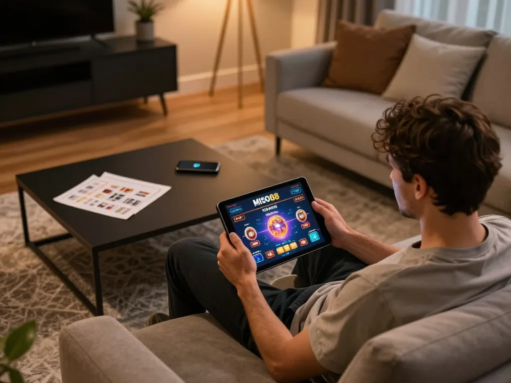 MISO88 player enjoying an online casino game on tablet in cozy home setup