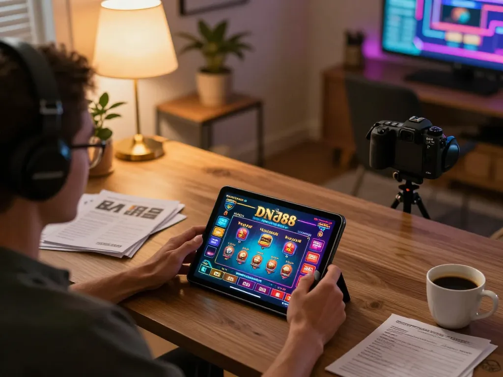 Engaging in DN88 online casino gaming on a tablet with a cozy home setup.