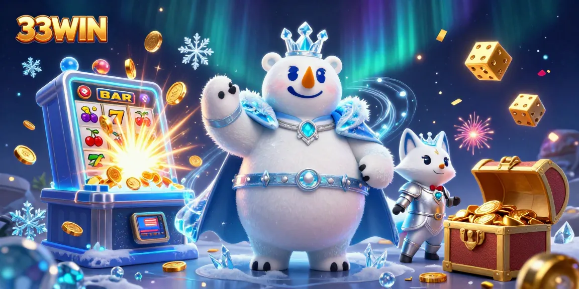 Experience the excitement of 33WIN casino gaming with a vibrant, dynamic illustration featuring a polar bear king and his fox companion.