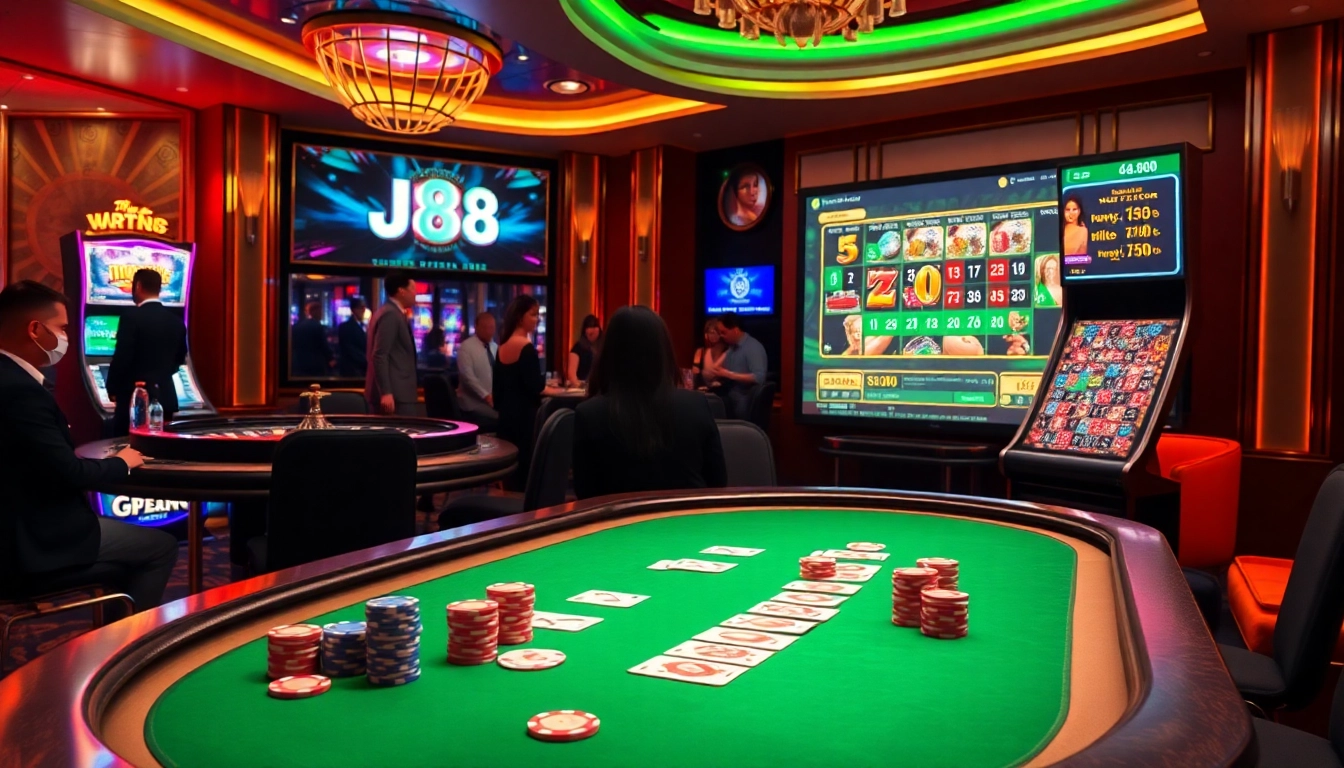 Engage in a thrilling j88 poker game at a luxury casino table filled with colorful chips and cards.