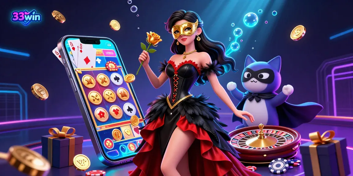 Engage with thrilling wins at 33win, featuring vibrant 3D illustration of a glamorous casino scene.